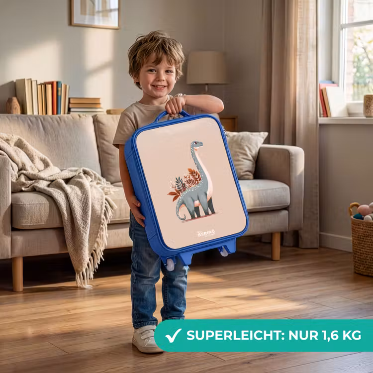 Blauwe dinosaurus op een beige achtergrond Kinderkoffer - Blauw klein -sfeer2_DE