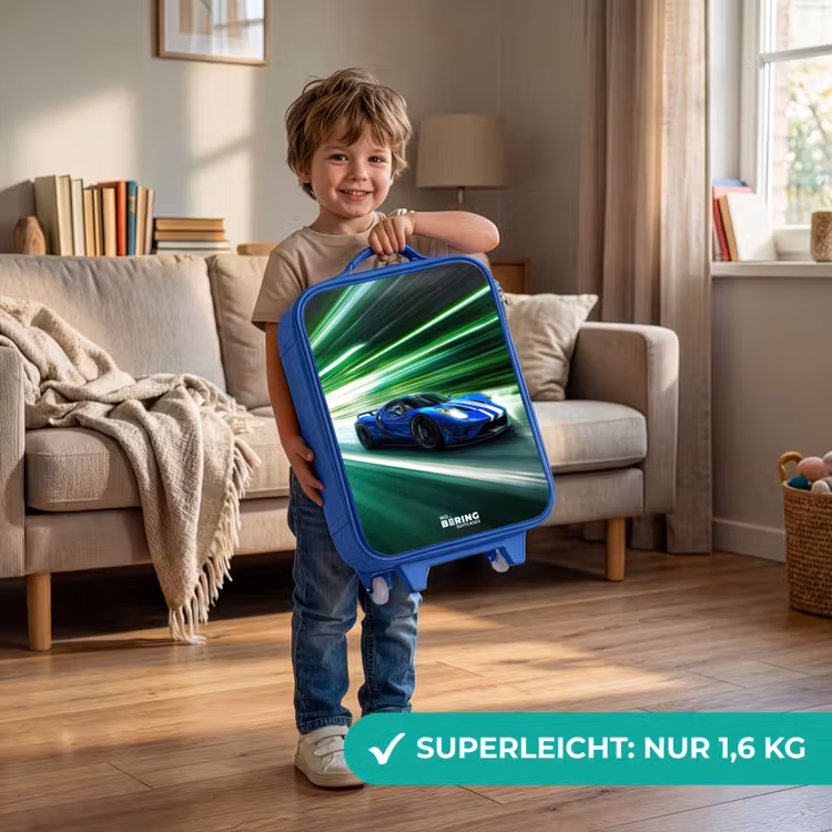 Blauwe raceauto met strepen in groene tunnel Kinderkoffer - Blauw klein -sfeer2_DE
