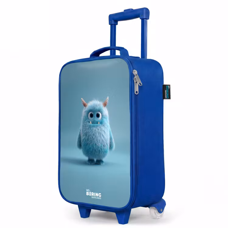 Blauw pluizig monster met hoorns Kinderkoffer - Blauw klein -productfoto_schuin