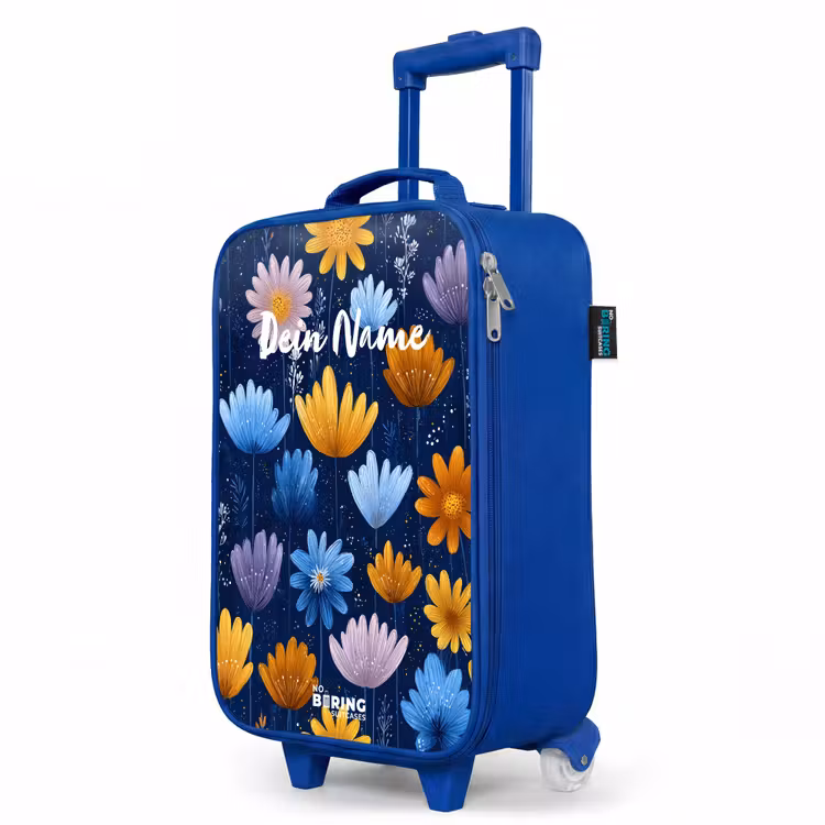 Bloemen op een donkerblauwe achtergrond Kinderkoffer - Blauw klein -productfoto_schuin