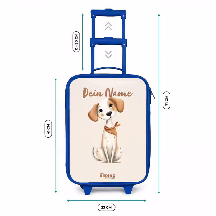 Bruin gevlekte pup op een beige achtergrond Kinderkoffer - Blauw klein -productfoto_formaten
