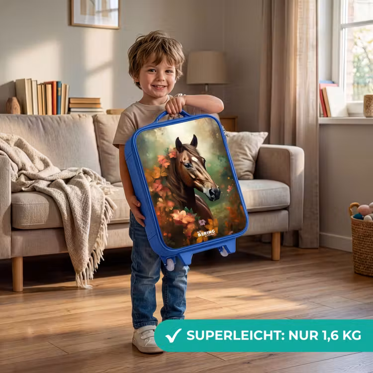 Bruin paard tussen de bloemen Kinderkoffer - Blauw klein -sfeer2_DE