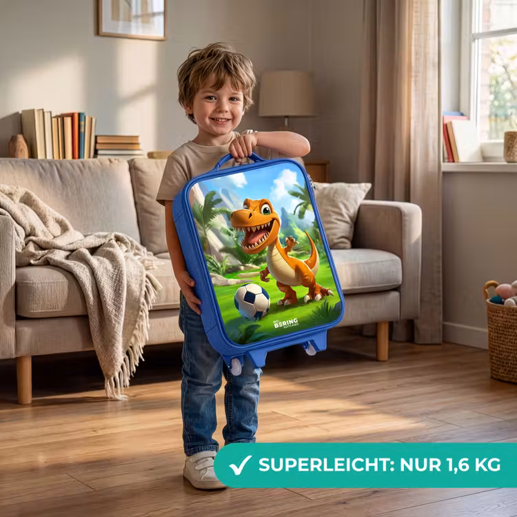 Dino met een voetbal in groen landschap Kinderkoffer - Blauw klein -sfeer2_DE