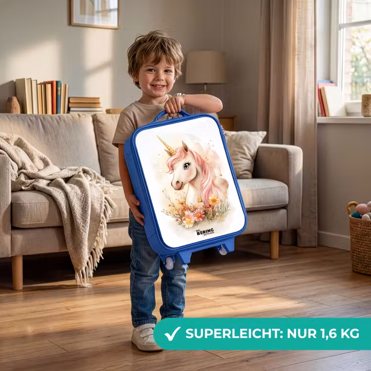Eenhoorn met roze manen tussen pastelbloemen Kinderkoffer - Blauw klein -sfeer2_DE