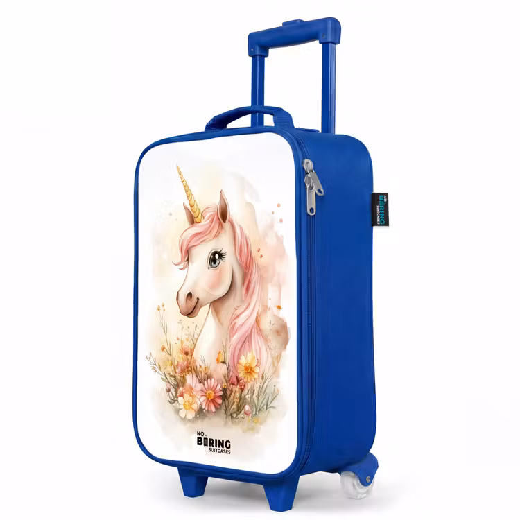Eenhoorn met roze manen tussen pastelbloemen Kinderkoffer - Blauw klein -productfoto_schuin