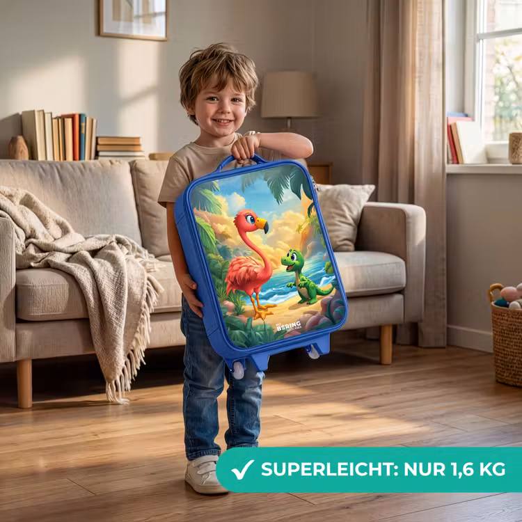 Flamingo en dinosaurus op strand bij ondergaande zon Kinderkoffer - Blauw klein -sfeer2_DE