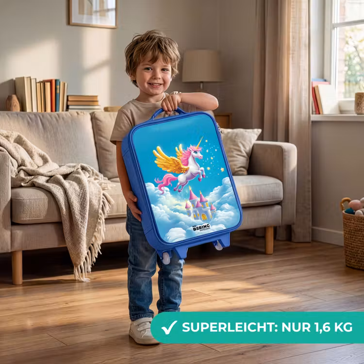 Vliegende eenhoorn met gouden vleugels boven kasteel Kinderkoffer - Blauw klein -sfeer2_DE
