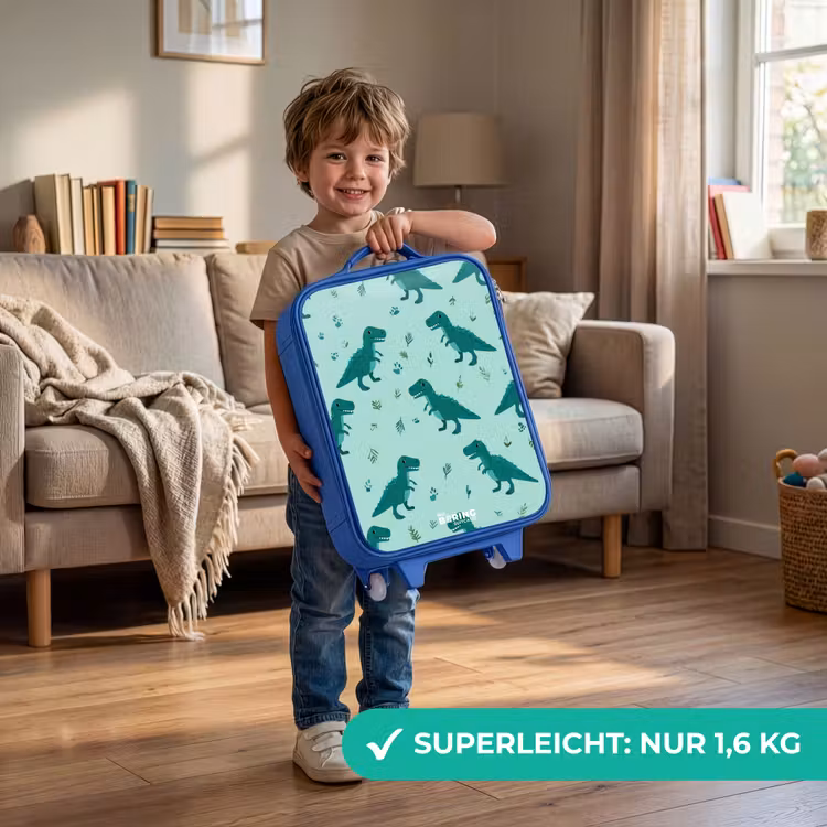 Vriendelijke T. rex tussen sporen Kinderkoffer - Blauw klein -sfeer2_DE