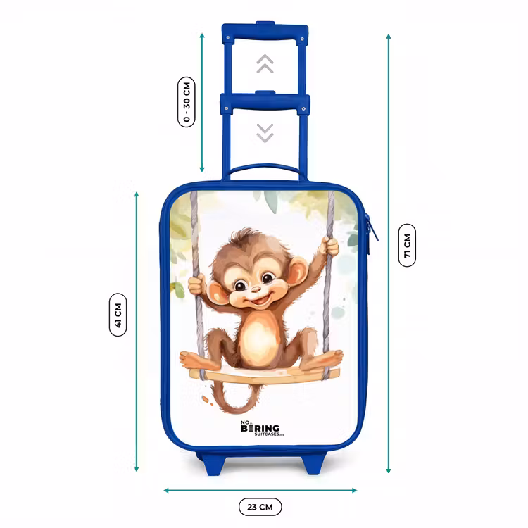 Vrolijk aapje op een schommel illustratie Kinderkoffer - Blauw klein -productfoto_formaten