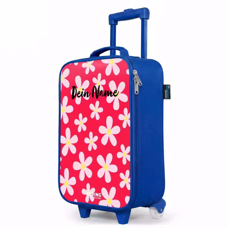 Madeliefjesmania hotpink Kinderkoffer - Blauw klein -productfoto_schuin