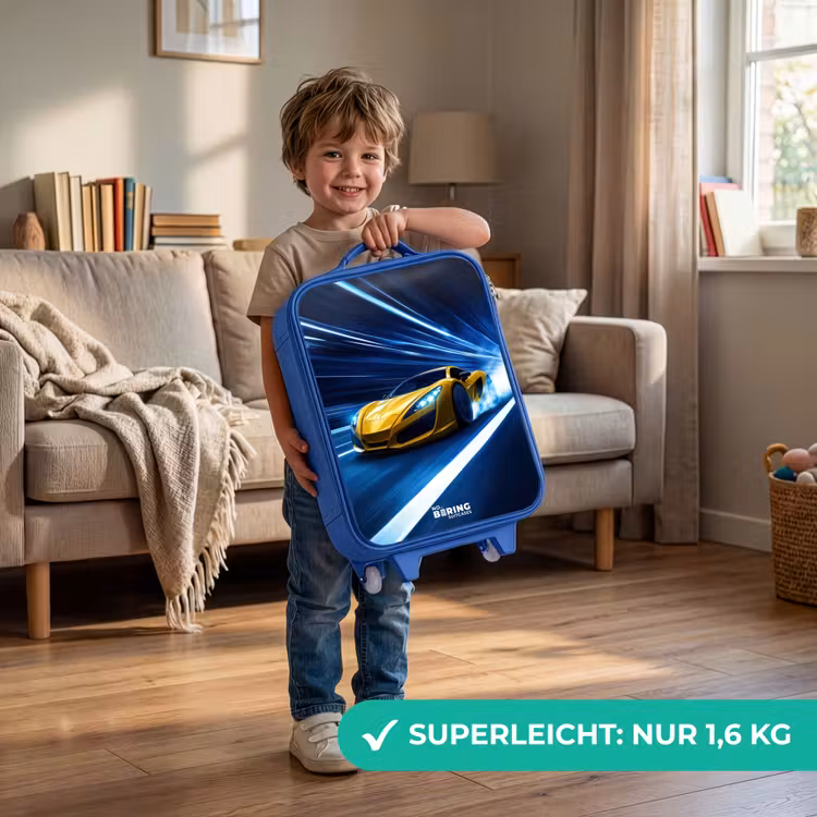 Gele sportwagen in lichttunnel van snelheid Kinderkoffer - Blauw klein -sfeer2_DE