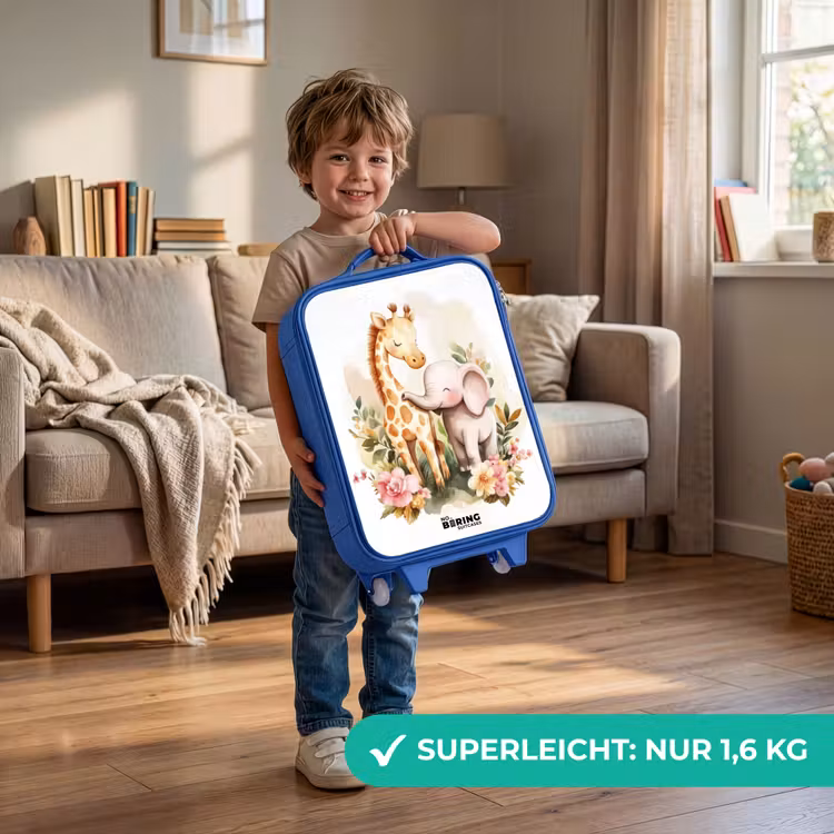 Giraffe en olifant tussen bloemen op witte achtergrond Kinderkoffer - Blauw klein -sfeer2_DE