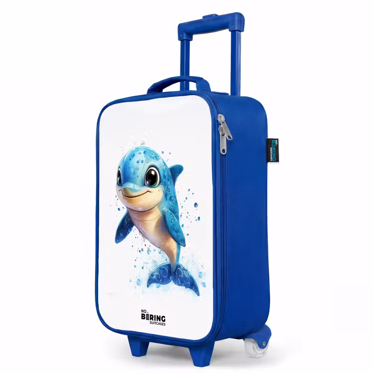 Blije dolfijn met waterdruppels op wit Kinderkoffer - Blauw klein -productfoto_schuin