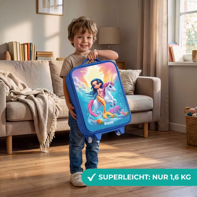 Zeemeermin met gouden staart met een witte eenhoorn Kinderkoffer - Blauw klein -sfeer2_DE