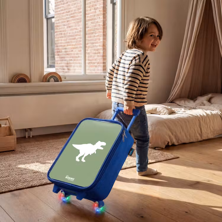 Groen met T-rex dino Kinderkoffer - Blauw klein -sfeer1