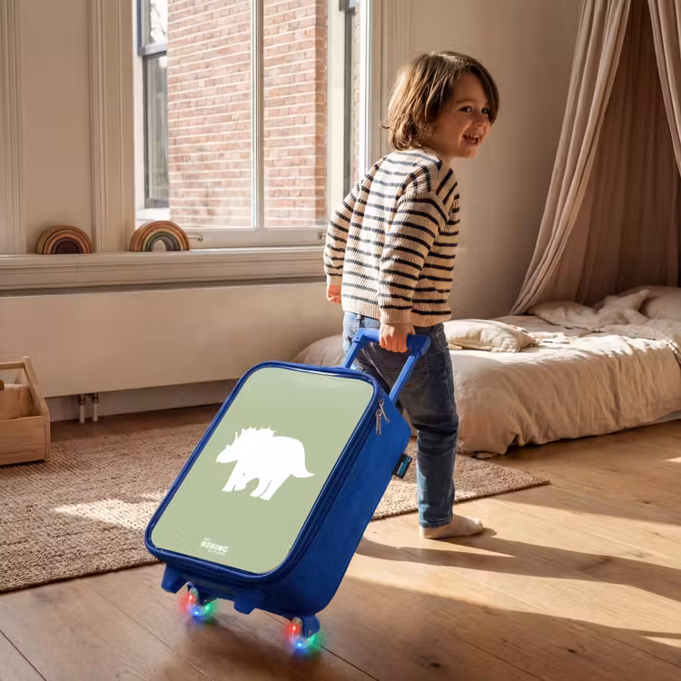 Groen met Triceratops dino Kinderkoffer - Blauw klein -sfeer1