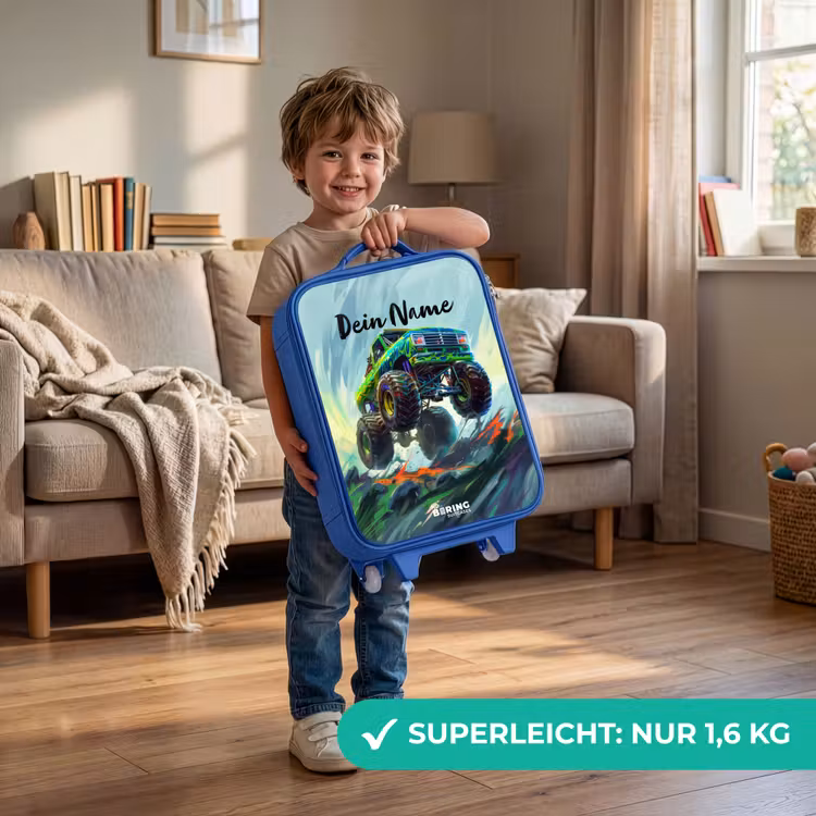 Groene Monstertruck met Penseelstreken Kinderkoffer - Blauw klein -sfeer2_DE