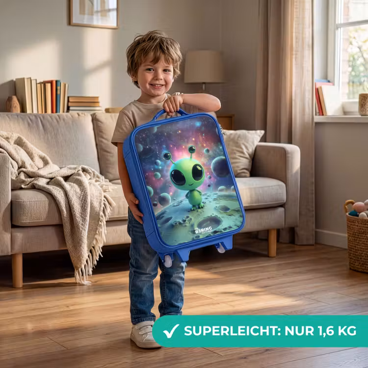 Groen buitenaards wezentje op maanlandschap Kinderkoffer - Blauw klein -sfeer2_DE