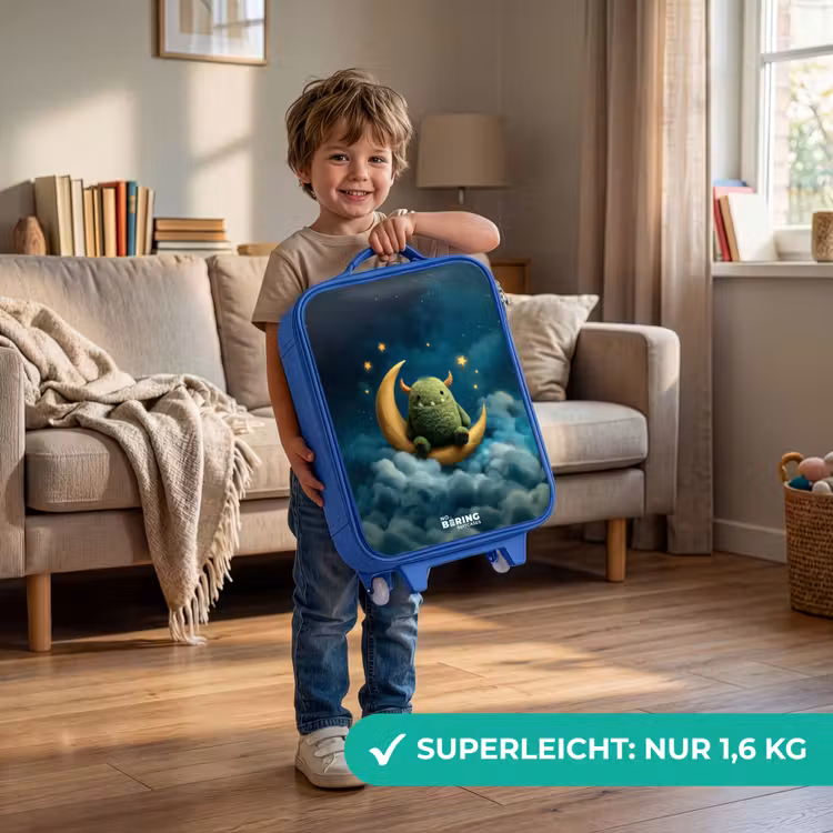 Groen monster op maansikkel Kinderkoffer - Blauw klein -sfeer2_DE