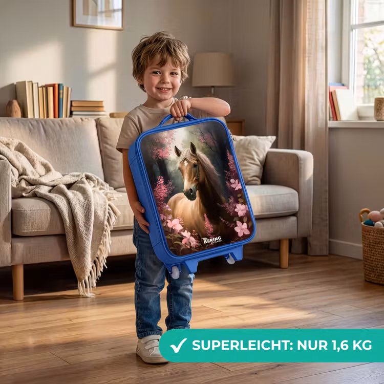 Lichtbruin paard tussen de roze bloemen Kinderkoffer - Blauw klein -sfeer2_DE