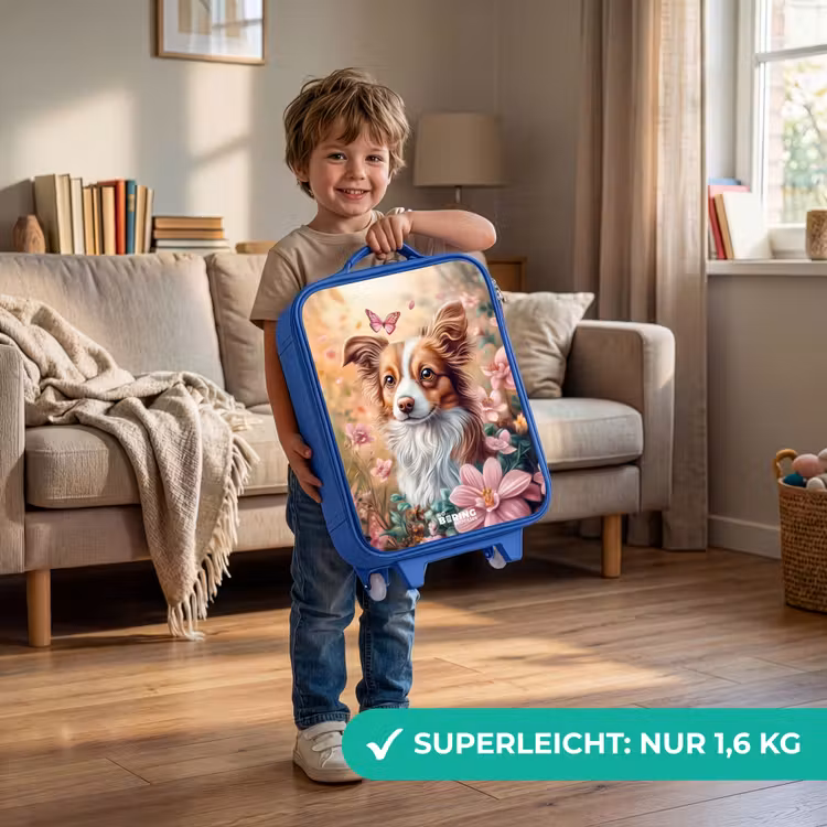 Hond in bloemenveld met vlinders Kinderkoffer - Blauw klein -sfeer2_DE