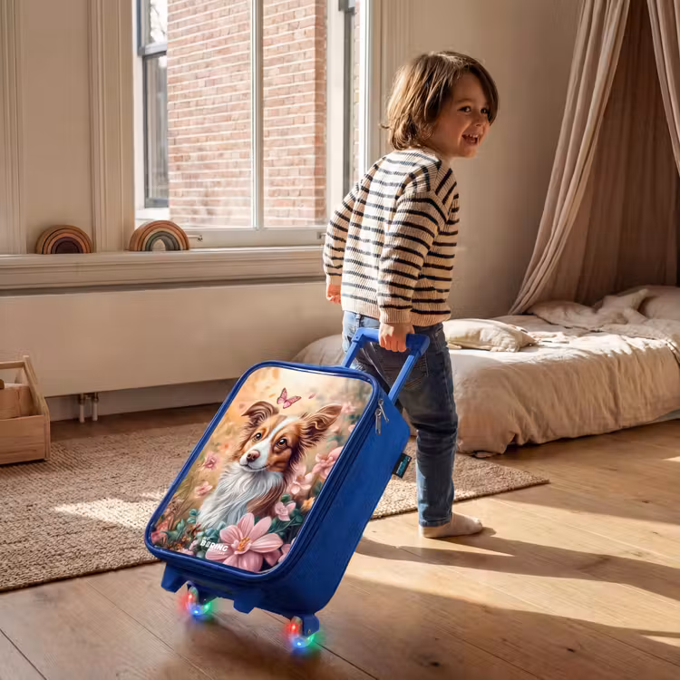 Hond in bloemenveld met vlinders Kinderkoffer - Blauw klein -sfeer1