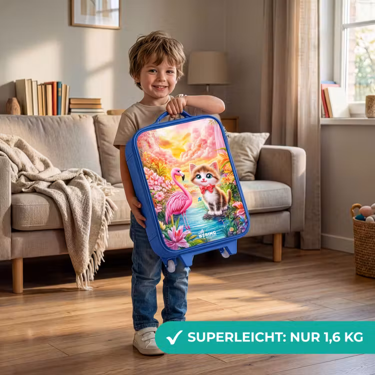 Kitten met flamingo in tropisch bloemenparadijs Kinderkoffer - Blauw klein -sfeer2_DE
