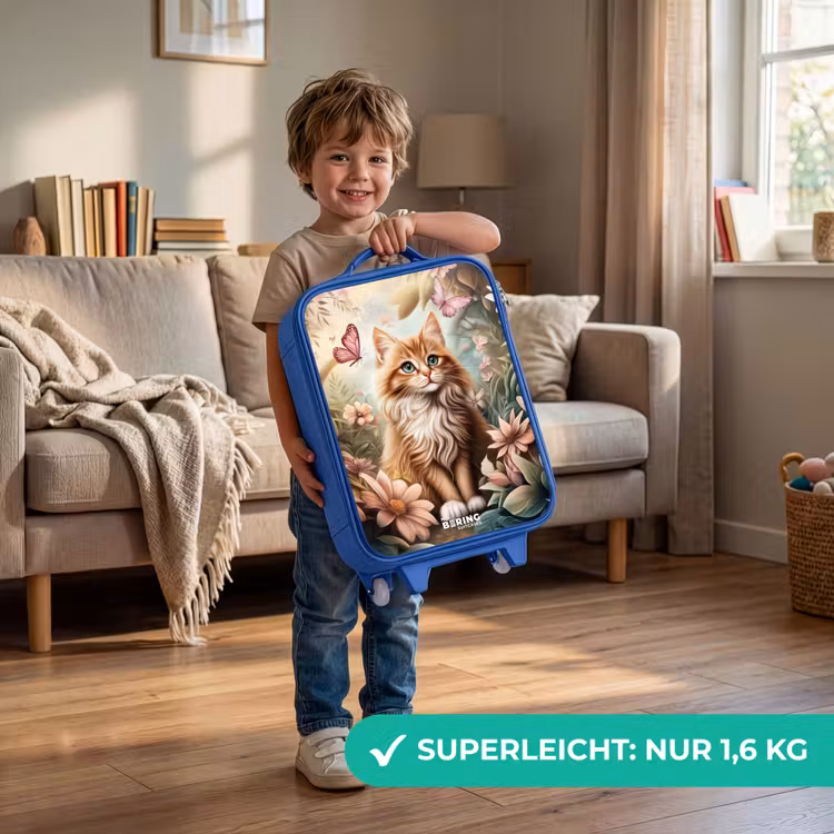 Kat in bloemenveld met roze vlinders. Kinderkoffer - Blauw klein -sfeer2_DE