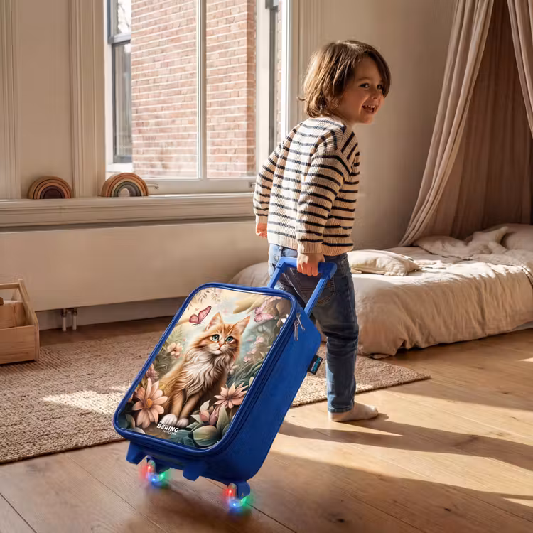 Kat in bloemenveld met roze vlinders. Kinderkoffer - Blauw klein -sfeer1