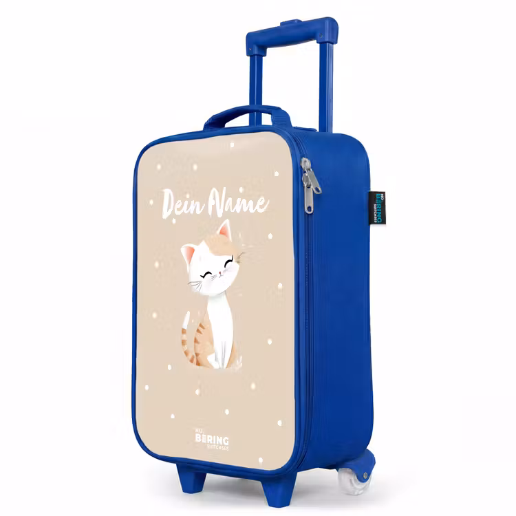 Kat omringd door beige stippen Kinderkoffer - Blauw klein -productfoto_schuin