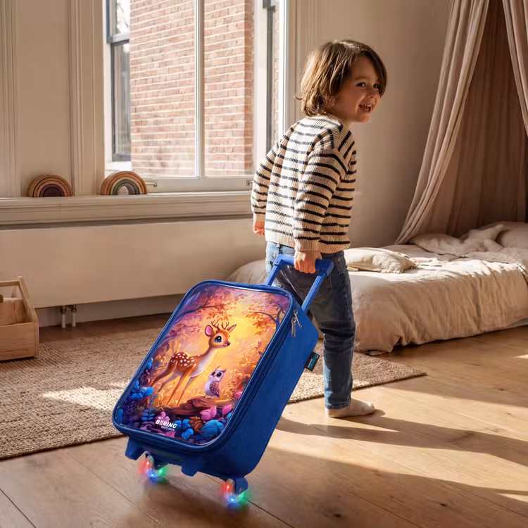 Hertje en uil in een roze sprookjesbos Kinderkoffer - Blauw klein -sfeer1