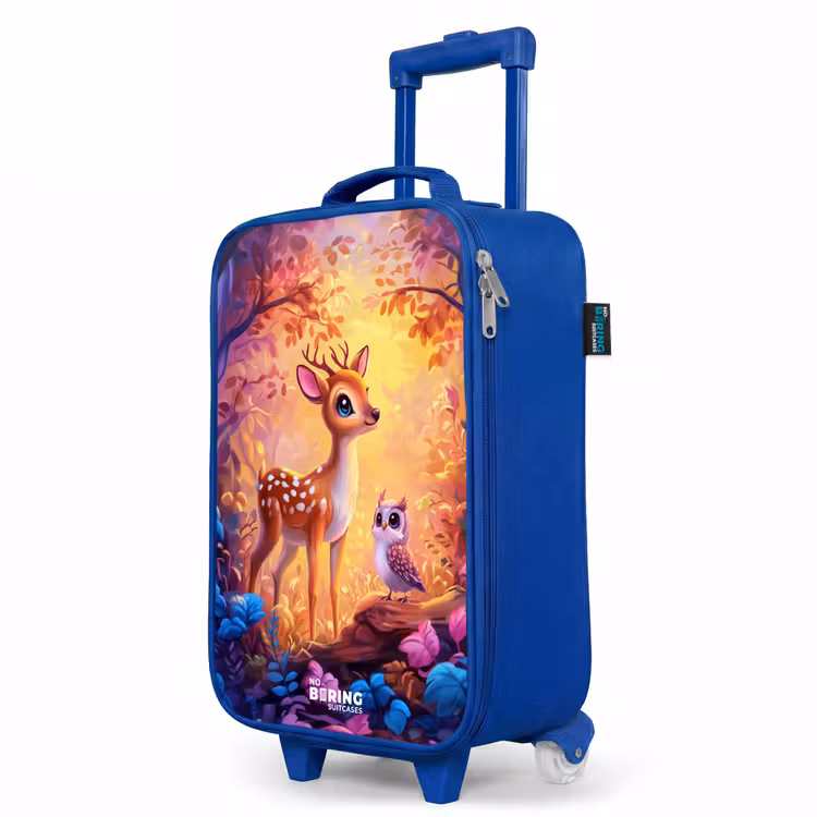 Hertje en uil in een roze sprookjesbos Kinderkoffer - Blauw klein -productfoto_schuin