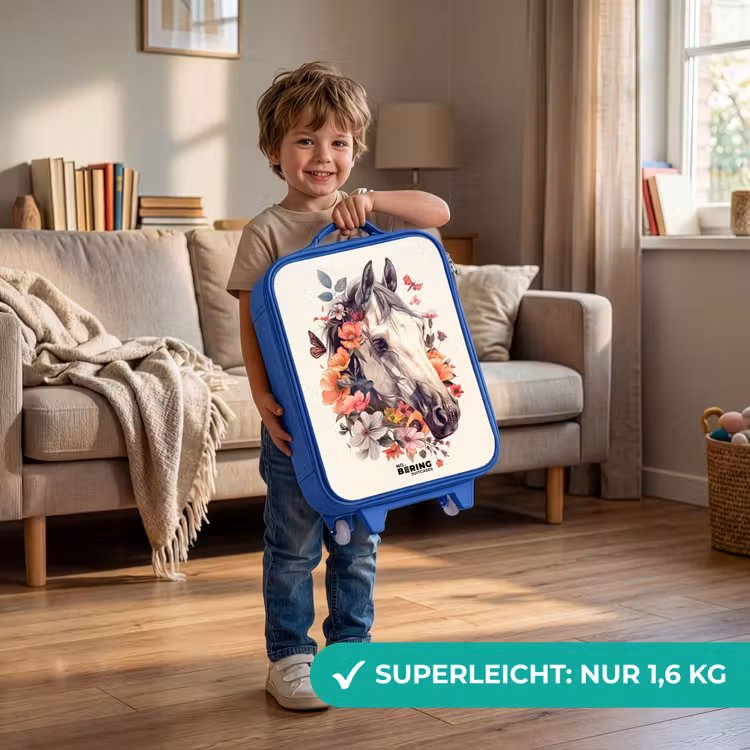 Wit paardenhoofd omringd door bloemen en vlinders Kinderkoffer - Blauw klein -sfeer2_DE