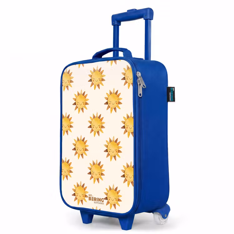 Lachende zonnetjes als patroon op beige achtergrond Kinderkoffer - Blauw klein -productfoto_schuin
