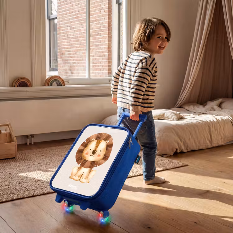Leeuw illustratie met beige achtergrond Kinderkoffer - Blauw klein -sfeer1