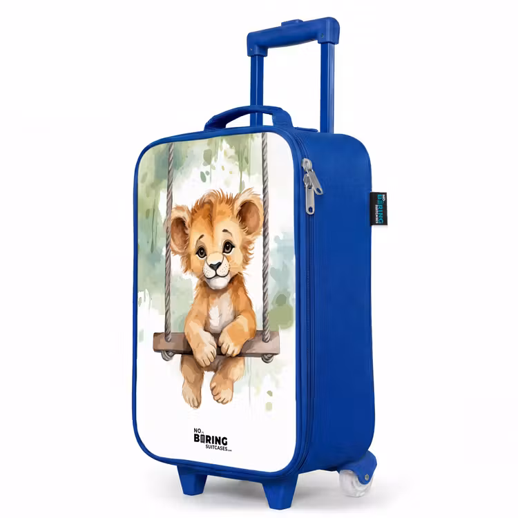 Leeuwenwelpje met schommel illustratie Kinderkoffer - Blauw klein -productfoto_schuin