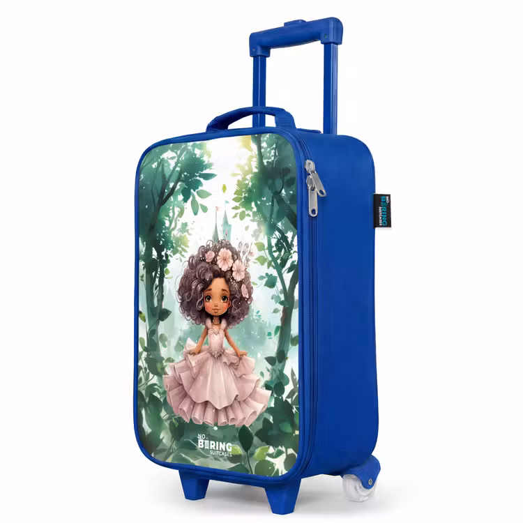 Meisje met donkere krullen in het bos Kinderkoffer - Blauw klein -productfoto_schuin