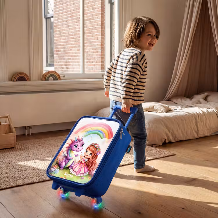 Meisje met paarse draak onder regenboog Kinderkoffer - Blauw klein -sfeer1