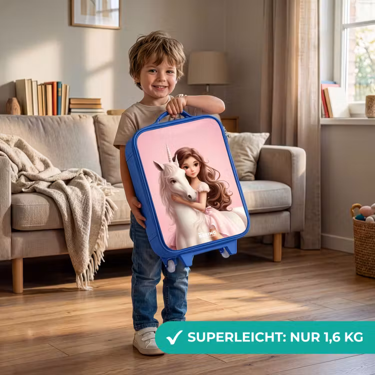 Meisje met witte eenhoorn op roze achtergrond Kinderkoffer - Blauw klein -sfeer2_DE
