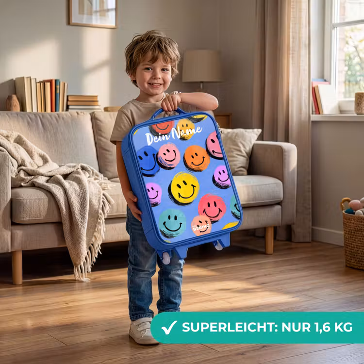 Een speels en kunstzinnig patroon van kleurrijke smileys Kinderkoffer - Blauw klein -sfeer2_DE
