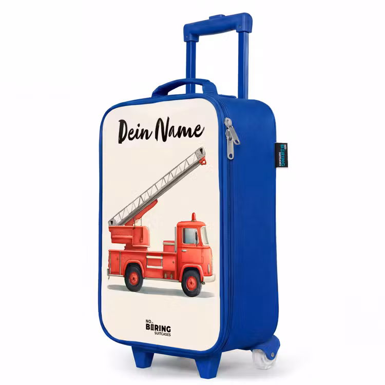 Brandweerwagen - Getekend - Rood Kinderkoffer - Blauw klein -productfoto_schuin