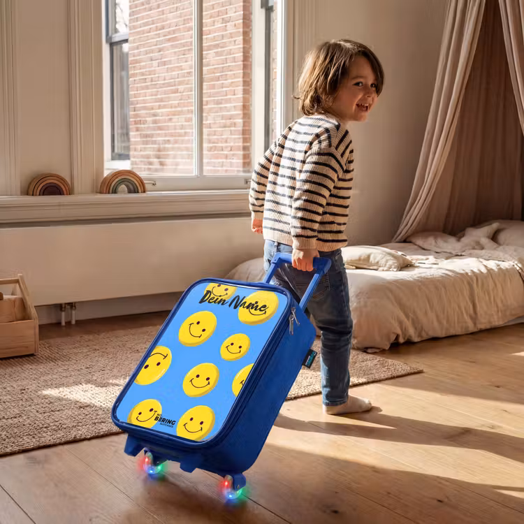 Vrolijke smileyregen Kinderkoffer - Blauw klein -sfeer1