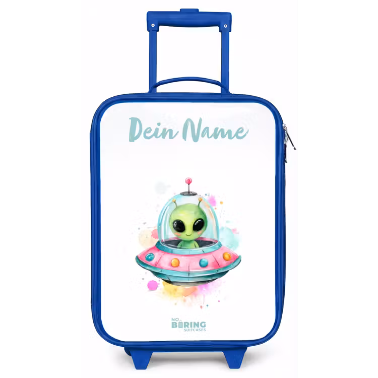 Groene alien in kleurrijke UFO Kinderkoffer - Blauw klein -zz3dotto