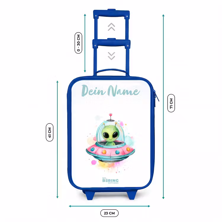 Groene alien in kleurrijke UFO Kinderkoffer - Blauw klein -productfoto_formaten