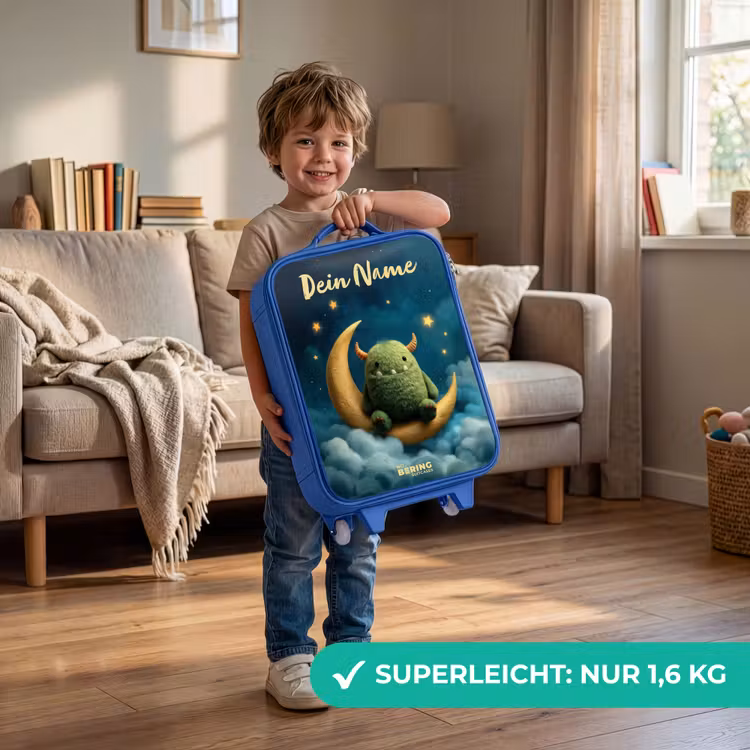 Groen monster op maansikkel Kinderkoffer - Blauw klein -sfeer2_DE