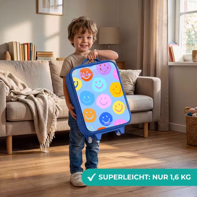 Vrolijk patroon van smileys Kinderkoffer - Blauw klein -sfeer2_DE