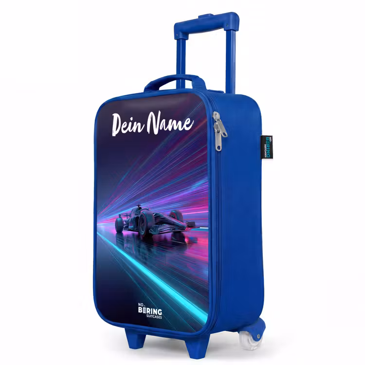 Lichtstralen - Neon - Racewagen - Paars Kinderkoffer - Blauw klein -productfoto_schuin