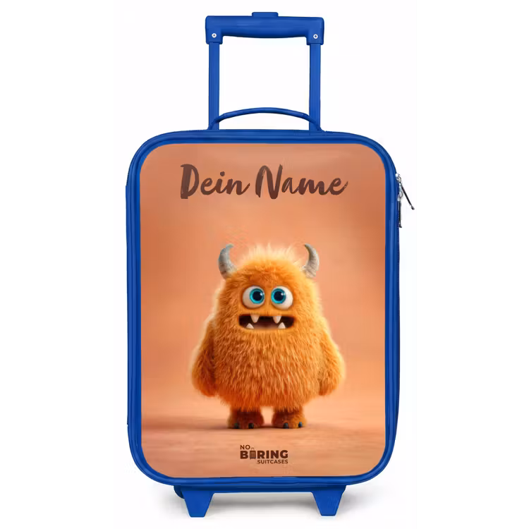 Oranje Pluizig Monster met Hoorns Kinderkoffer - Blauw klein -zz3dotto