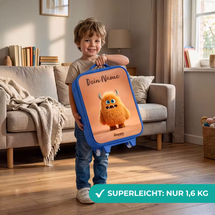 Oranje Pluizig Monster met Hoorns Kinderkoffer - Blauw klein -sfeer2_DE