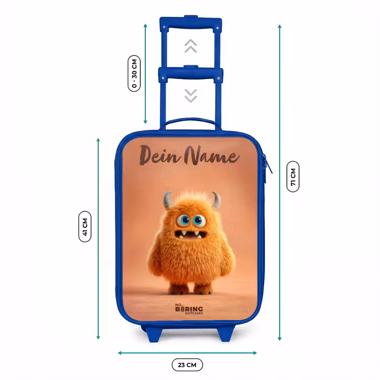 Oranje Pluizig Monster met Hoorns Kinderkoffer - Blauw klein -productfoto_formaten